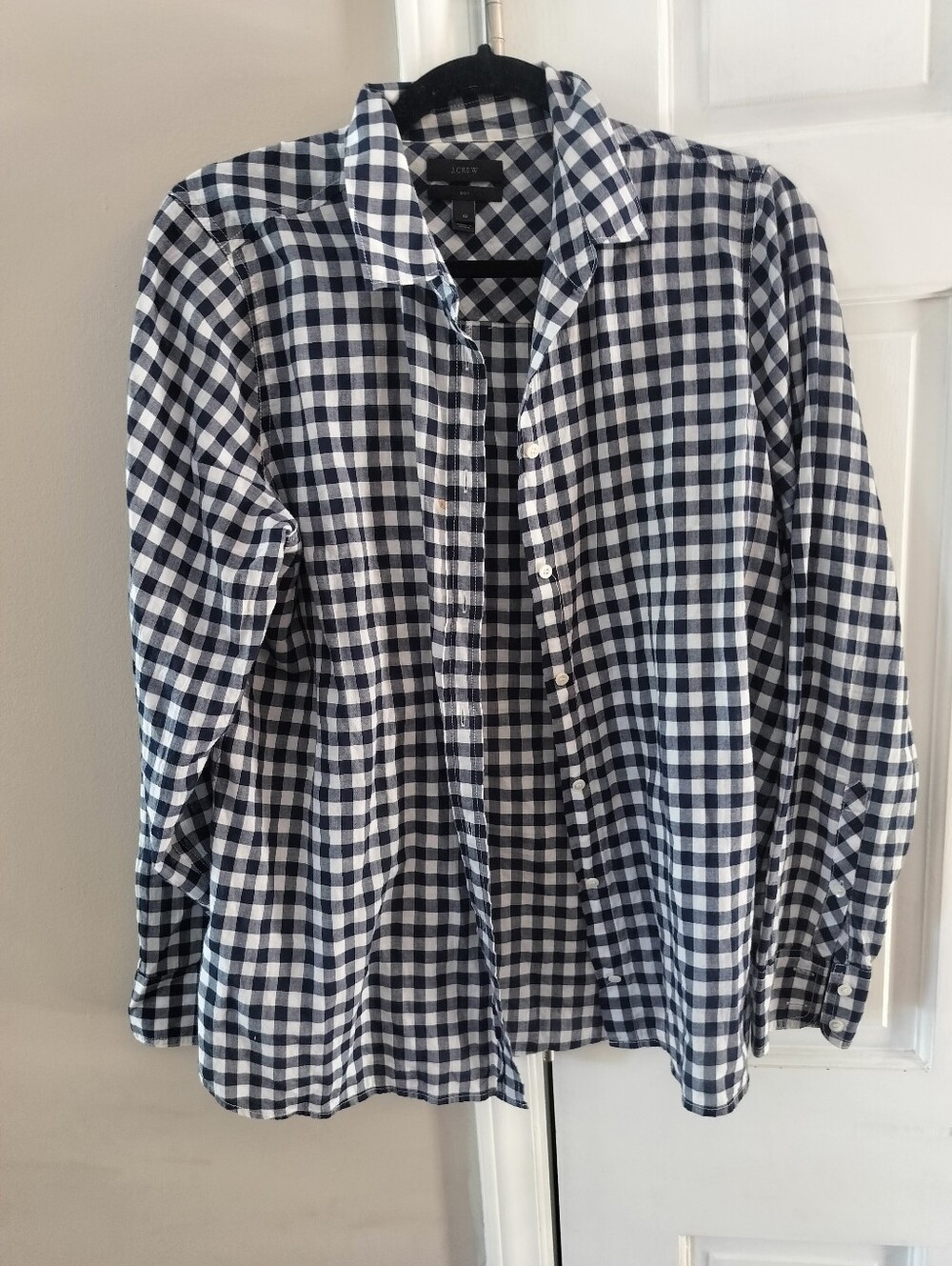 J. Crew Boyfriend Style Navy and White Gingham Button-Down Shirt